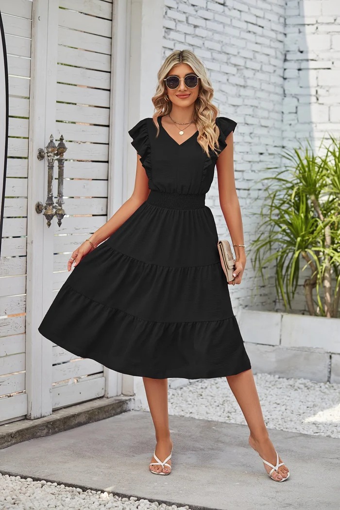 Ruffle Sleeve V-Neck High-Waist Slimming Dress