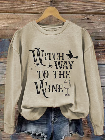 Women's Halloween Witch Wine Glass Print Crewneck Sweatshirt