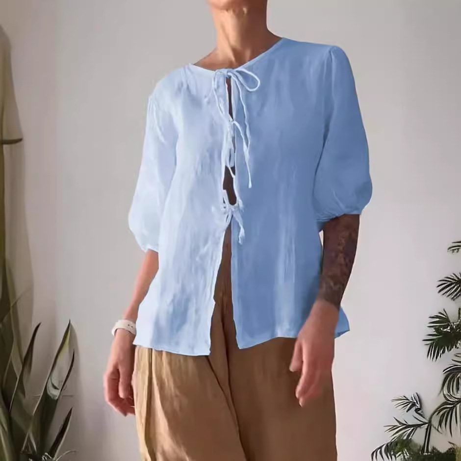Women's Casual Solid Color Tie-Front Shirt and High-Waist Wide-Leg Pants Two-Piece Set