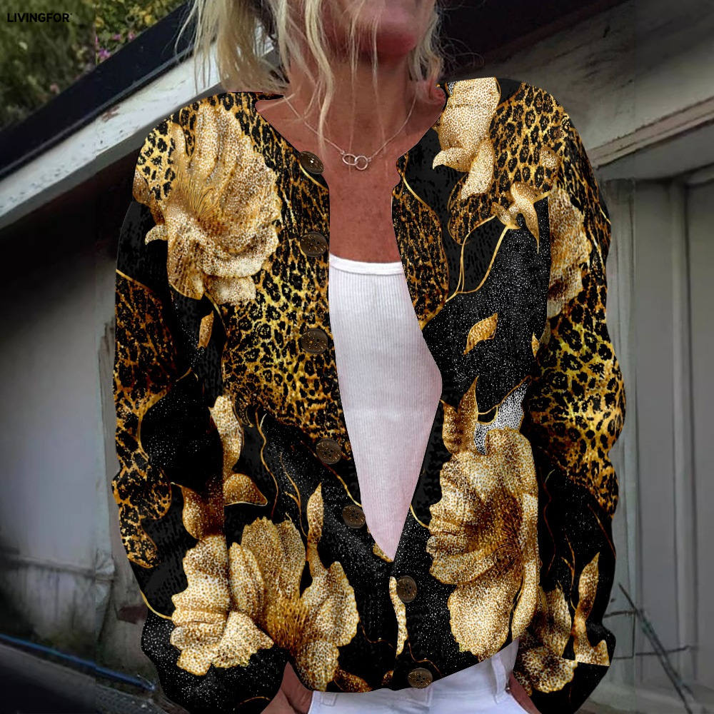 Women's Heart & Flower Print Button Cardigan Sweater