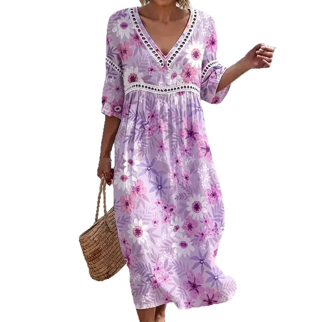 Women's Floral Print Pleated Midi Dress Deep V-Neck Five-Sleeve Slim Fit
