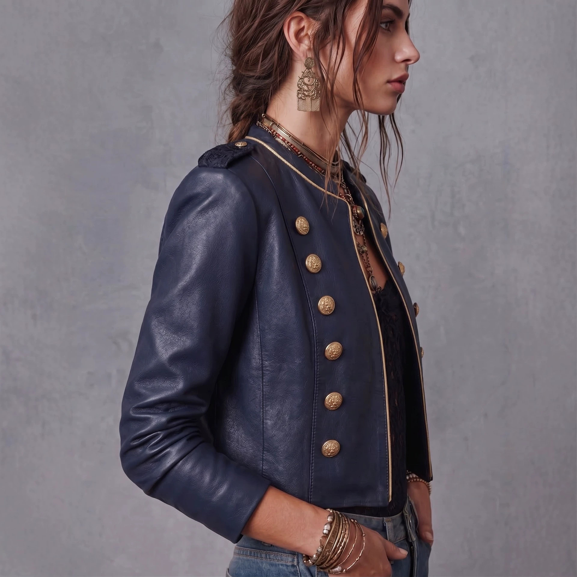 Vintage Court-Style Napoleon Double-Breasted PU Leather Cropped Jacket