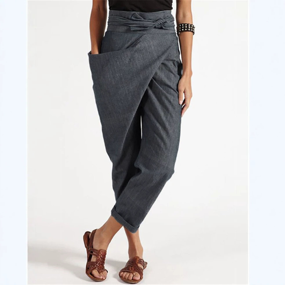 Women's Irregular Tie Straight-Leg Cropped Pants Casual