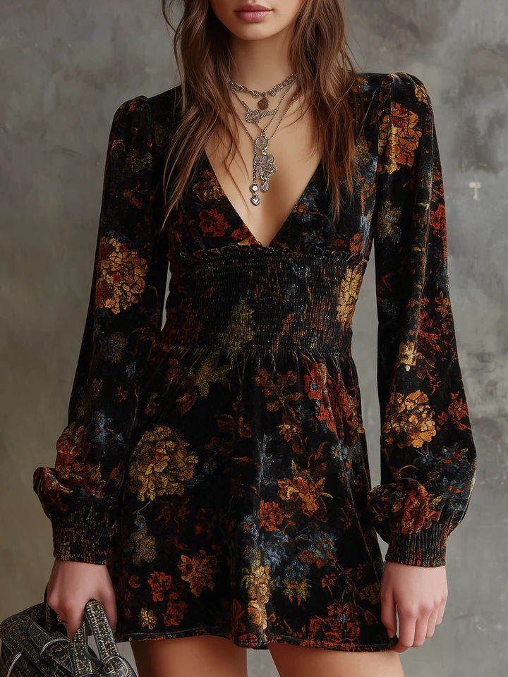 Floral Print V-Neck Velvet Dress with Waist-Cinching Long Sleeves