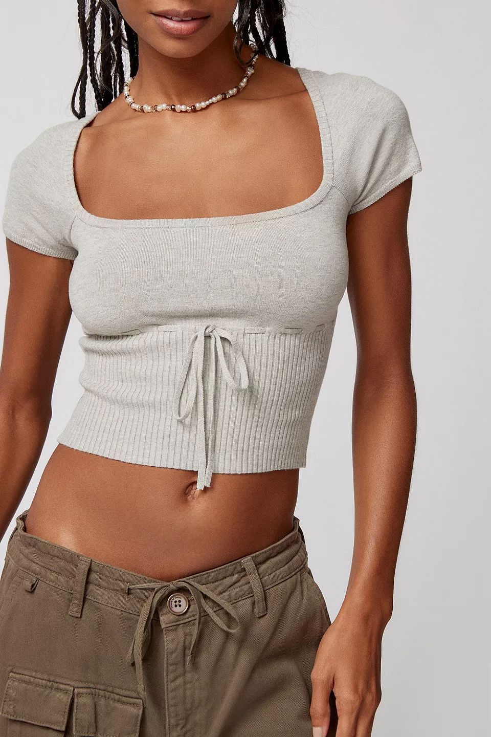 Square Neck Short Sleeve Tie-Front Cropped Knit Top