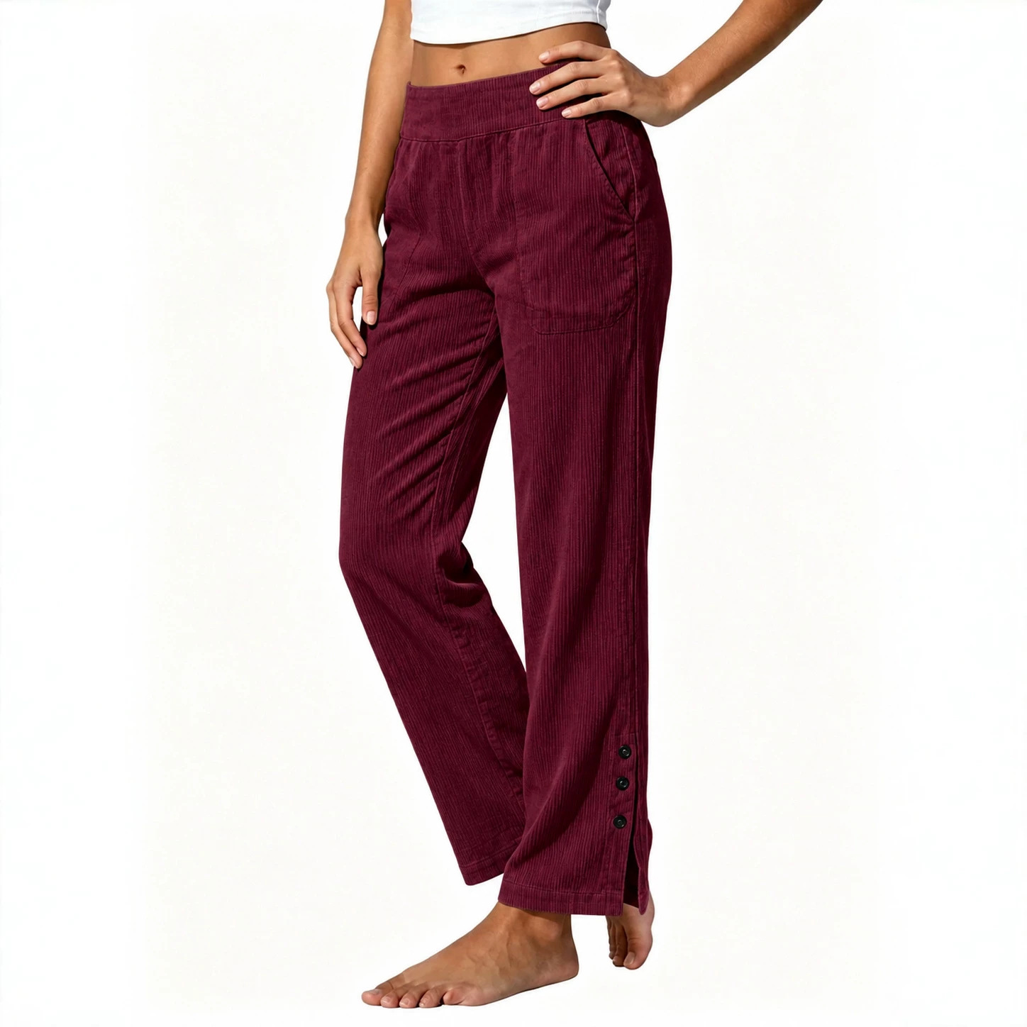2026 European & American Cross-Border Women's Corduroy Casual Straight-Leg Pants High-Waist Loose Side-Pocket Slit Button Trousers for Women