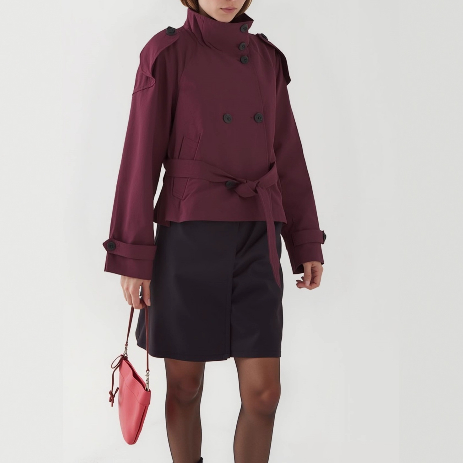 Retro Double-Breasted Belted Short Trench Coat with Lapel Collar