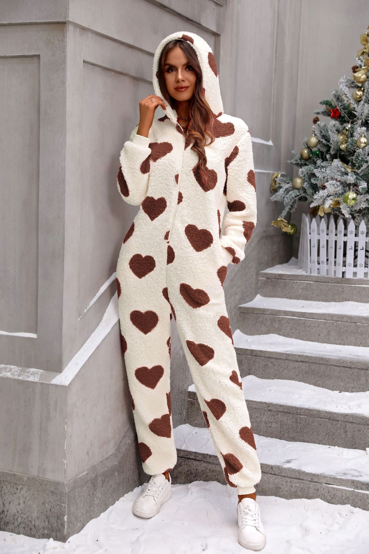 Fleece Heart Print Hooded Jumpsuit