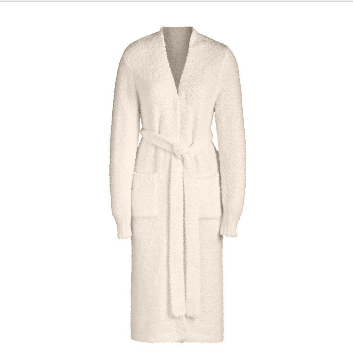 Women's Plush Tie-Belt Long Three-Piece Loungewear Set with Robe and Pants