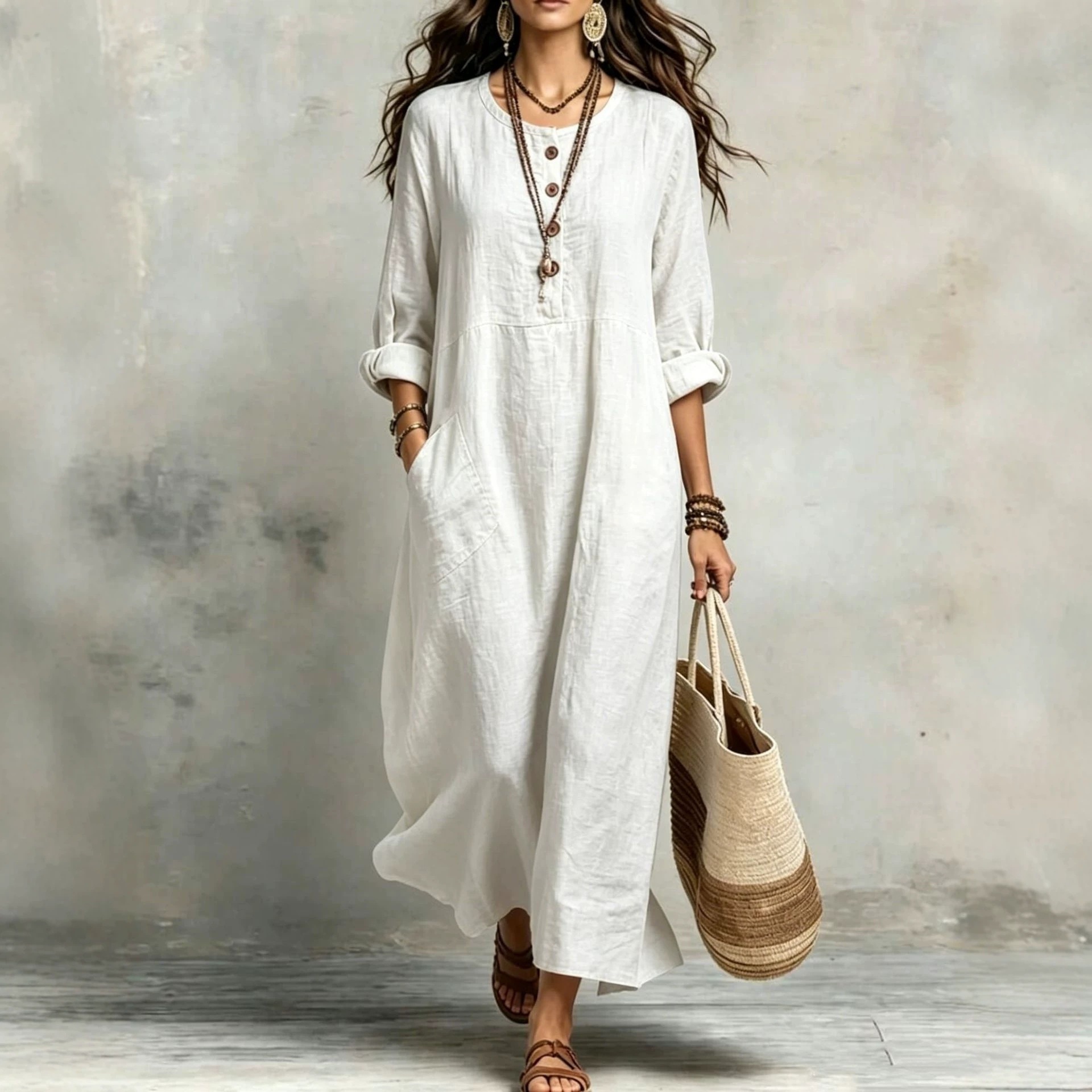 Women's Cotton-Linen Round Neck Long Sleeve Pocket Casual Dress