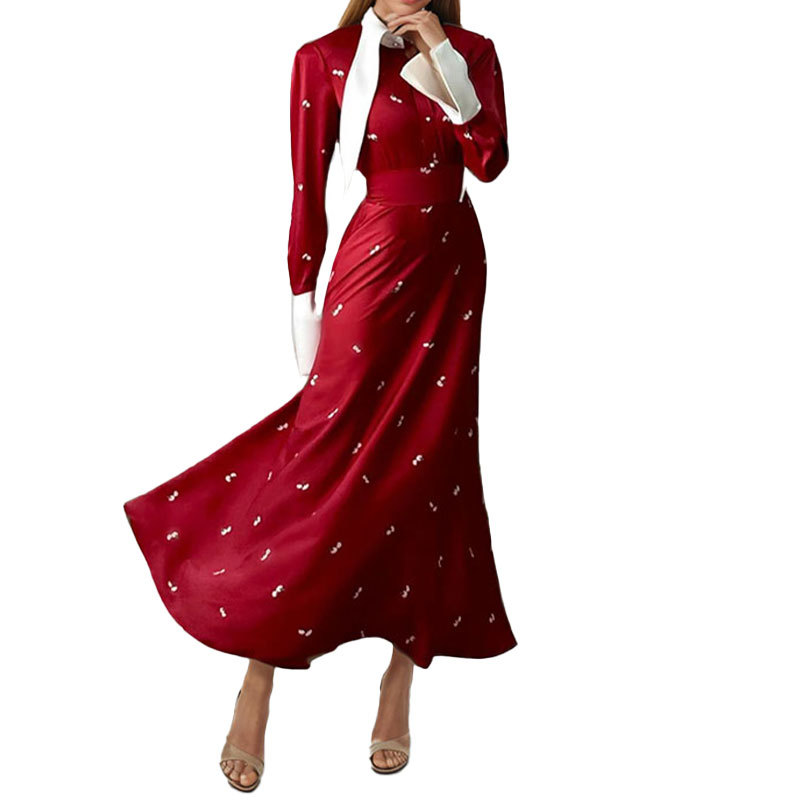 Elegant French Floral Print Long Sleeve Collared Maxi Dress