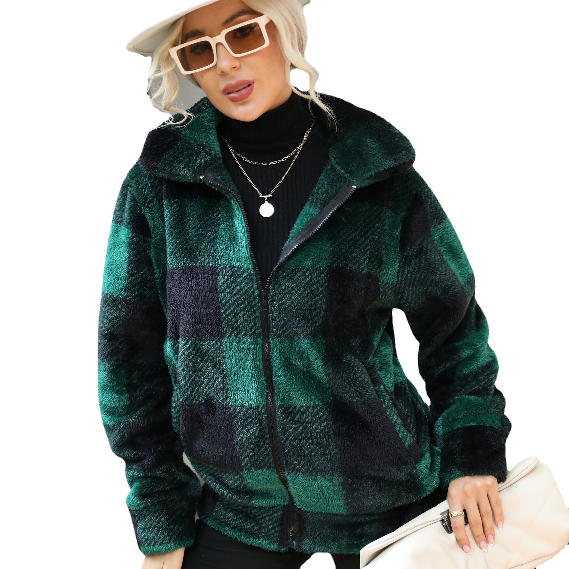 Women's Plaid Print Double-Sided Fleece Zip Jacket with Stand Collar