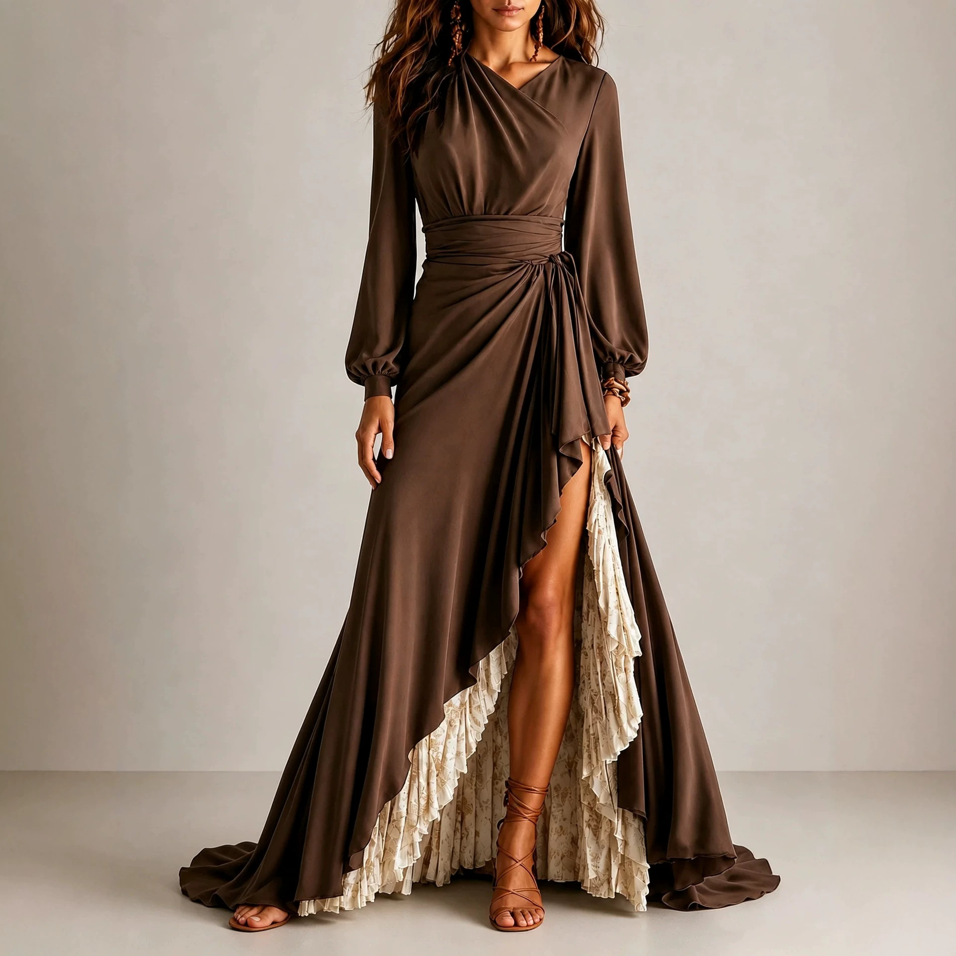 Satin Wrap Long Sleeve High Slit Ruffle Maxi Evening Dress