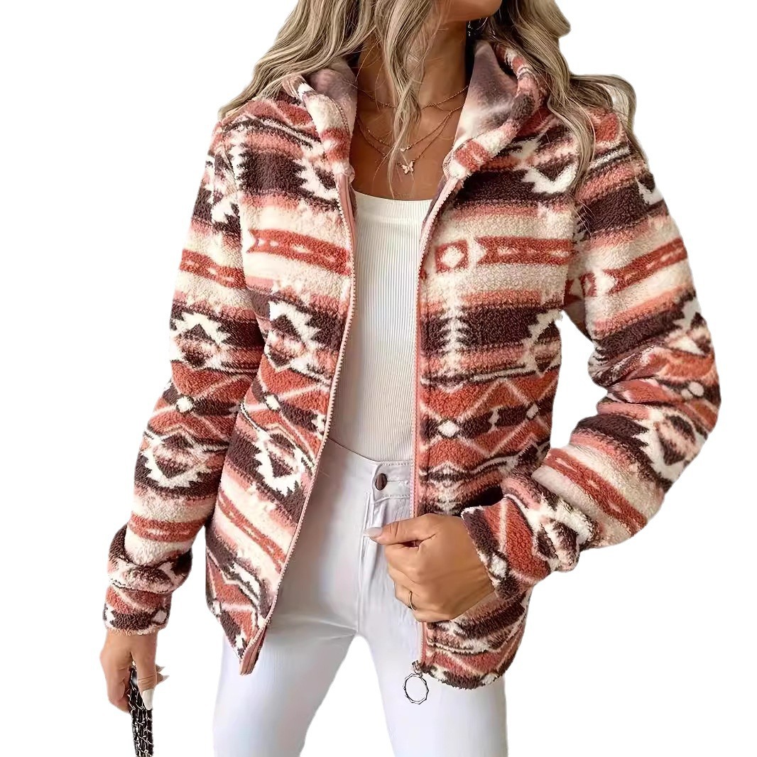Women's Loose Geometric Print Hooded Zip-Up Jacket
