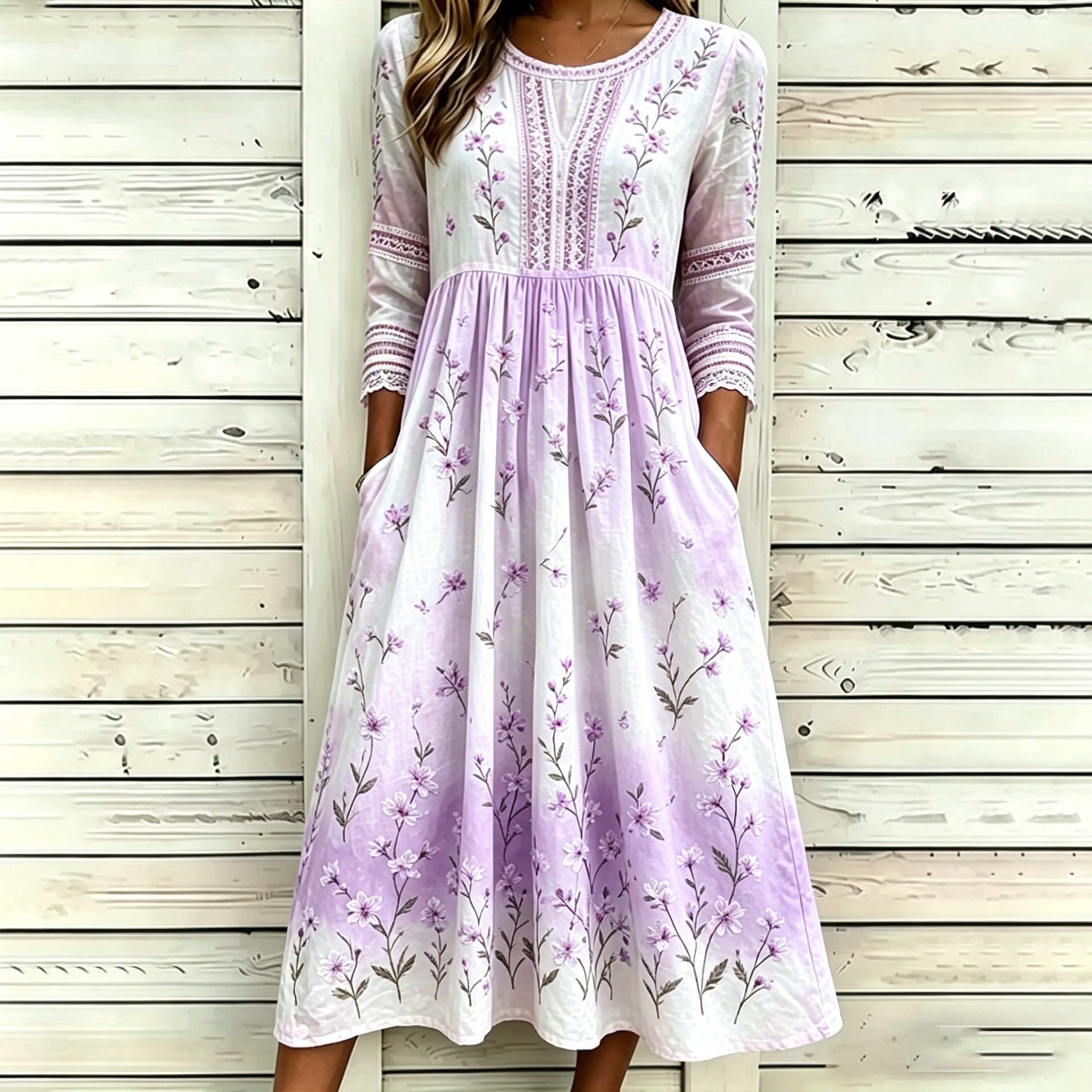 Women's Leaf Floral Butterfly Print Pleated Midi Dress
