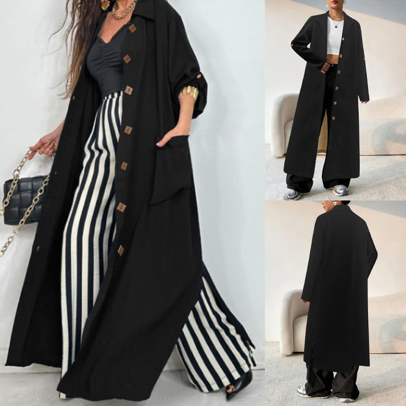 Women's Thickened Lapel Long Over-Knee Solid Color Trench Coat