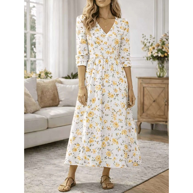 V-Neck Long Sleeve Floral Print Polyester Dress