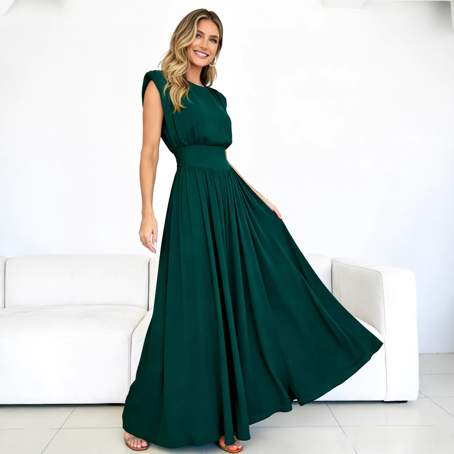 Pleated Long Dress with Cinched Waist and Round Neck