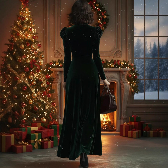 Solid Velvet Stand-Collar Bow Long-Sleeve Maxi Dress