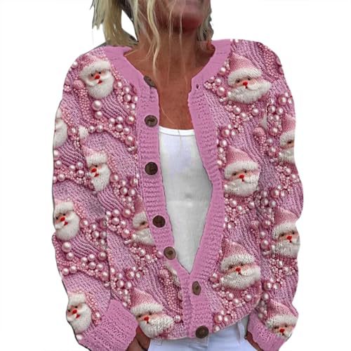 Women's Christmas Santa & Floral Print Button Cardigan Sweater