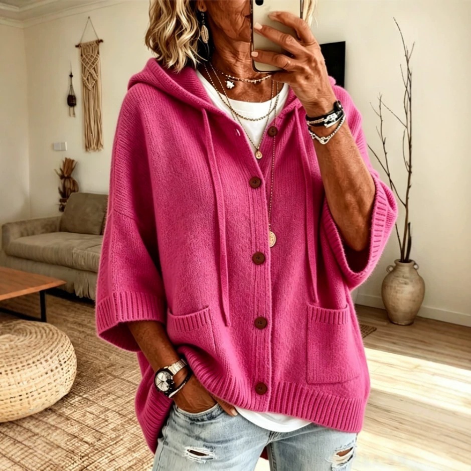 Women's Button-Up Hooded Drawstring Knit Cardigan Sweater Coat