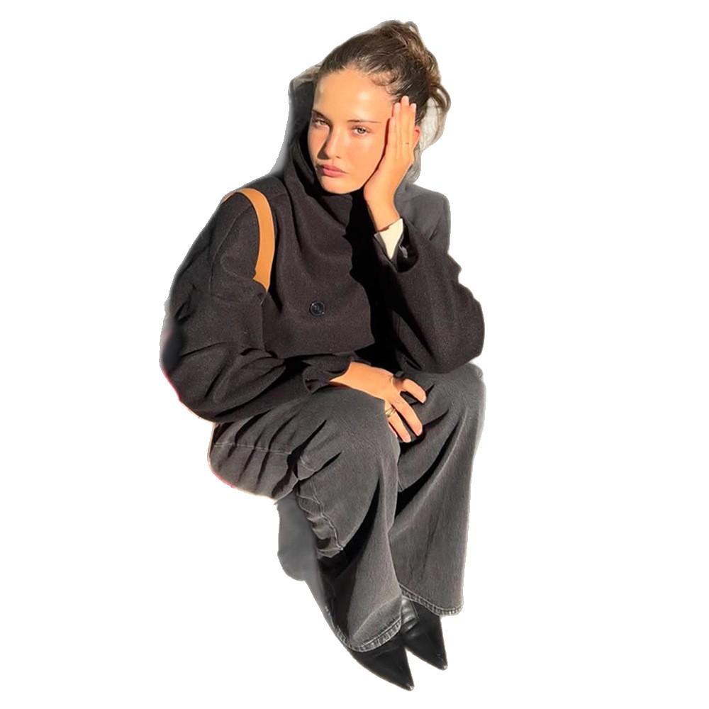 Women's Stand Collar Double-Breasted Long Sleeve Solid Wool Coat