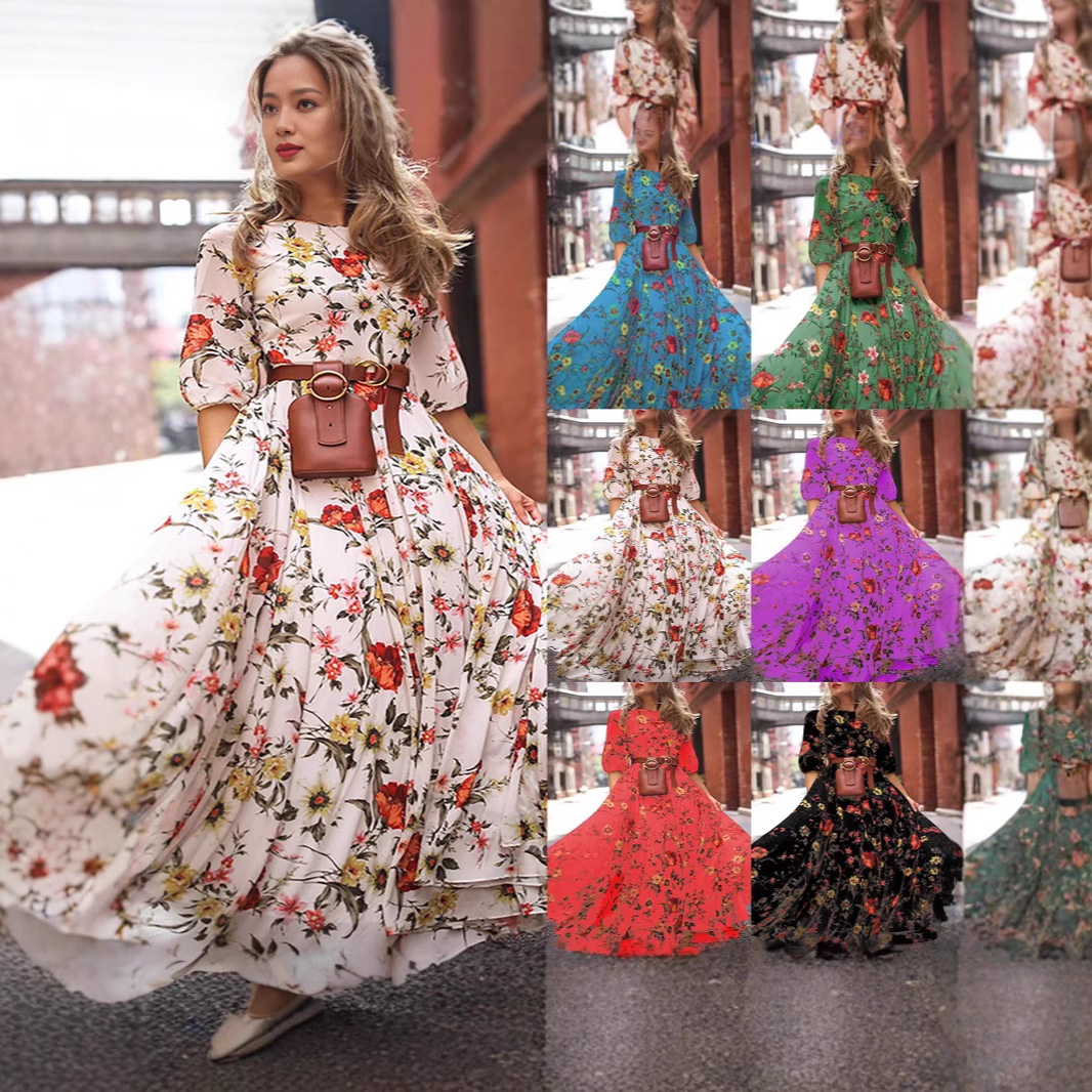 Floral Print Chiffon Maxi Dress with Flared Skirt and Slim Fit