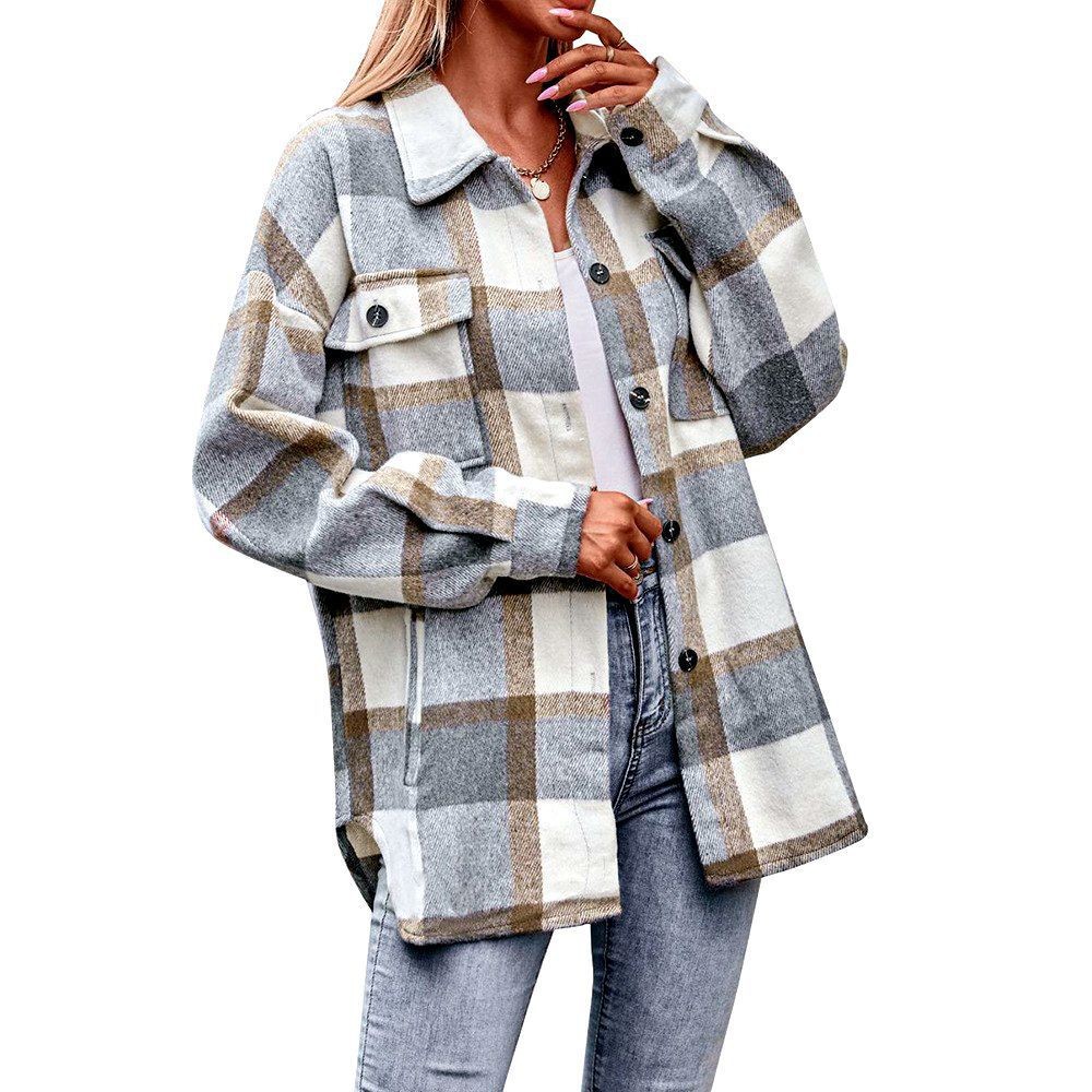 Women's Plaid Shirt Jacket Loose Fit Pockets Mid-Length