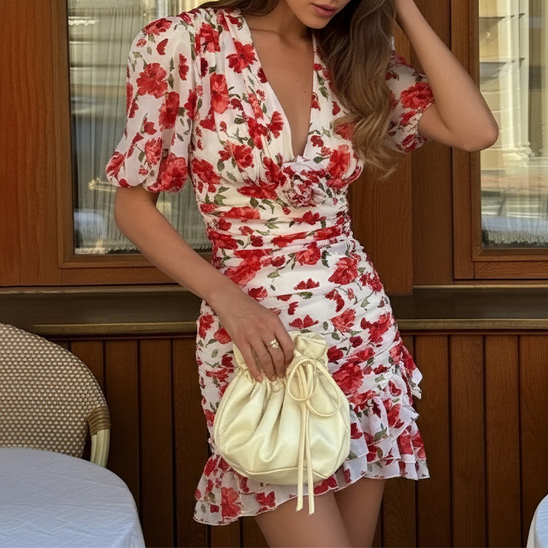 Women's Floral Print Lantern Sleeve Pleated A-Line Short Dress