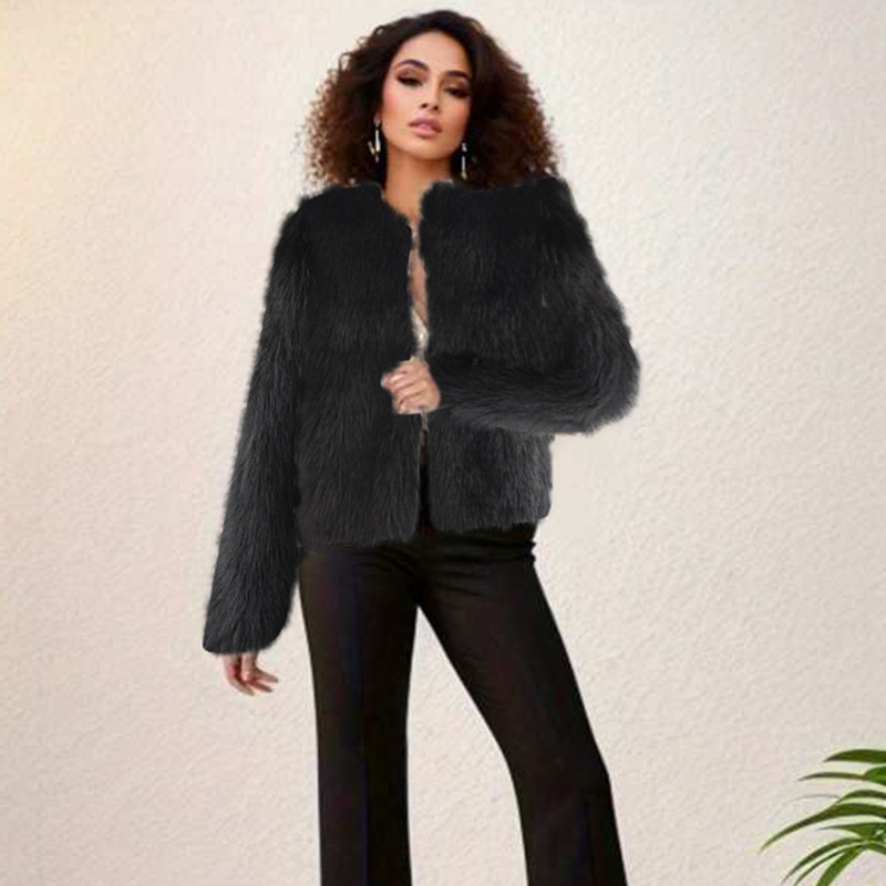 Faux Fur Cropped Crewneck Coat Women's Solid Casual Streetwear