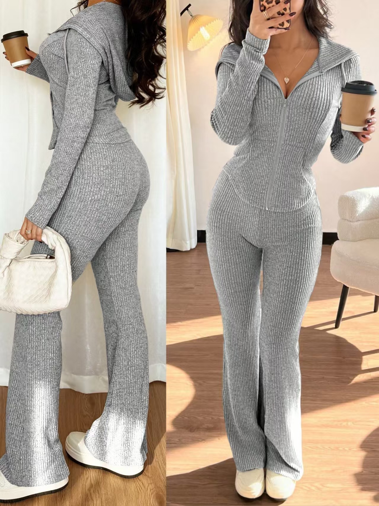 Women's Slim Fit Zip-Up Top and Pants Set