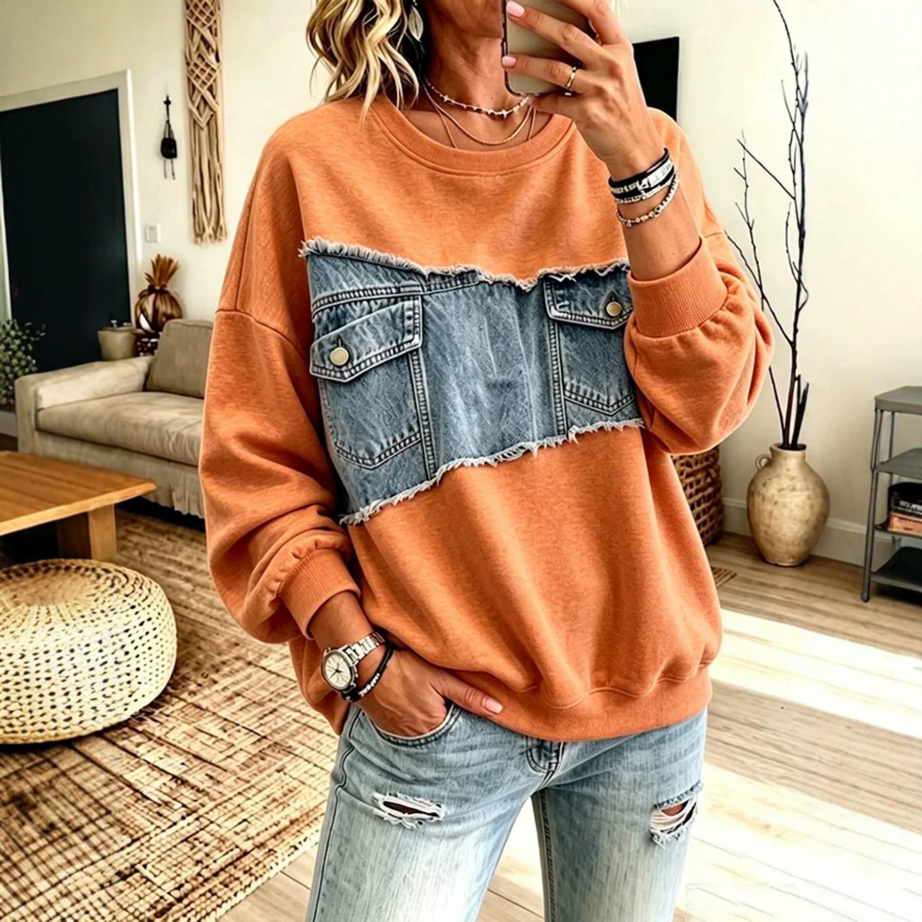 Patch Pocket Print Crewneck Long Sleeve Pullover Sweatshirt