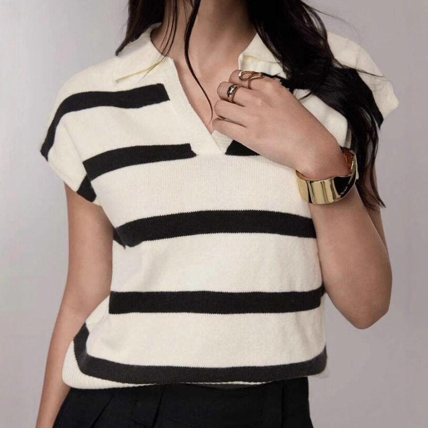 Classic Striped Polo Neck Sleeveless Sweater Vest