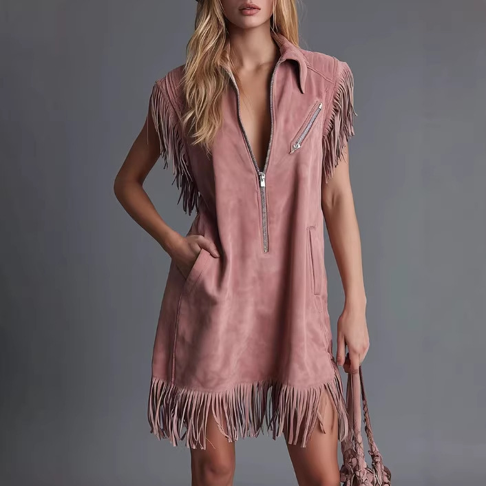 Retro Western Faux Suede Mini Dress with Fringe and Front Zip