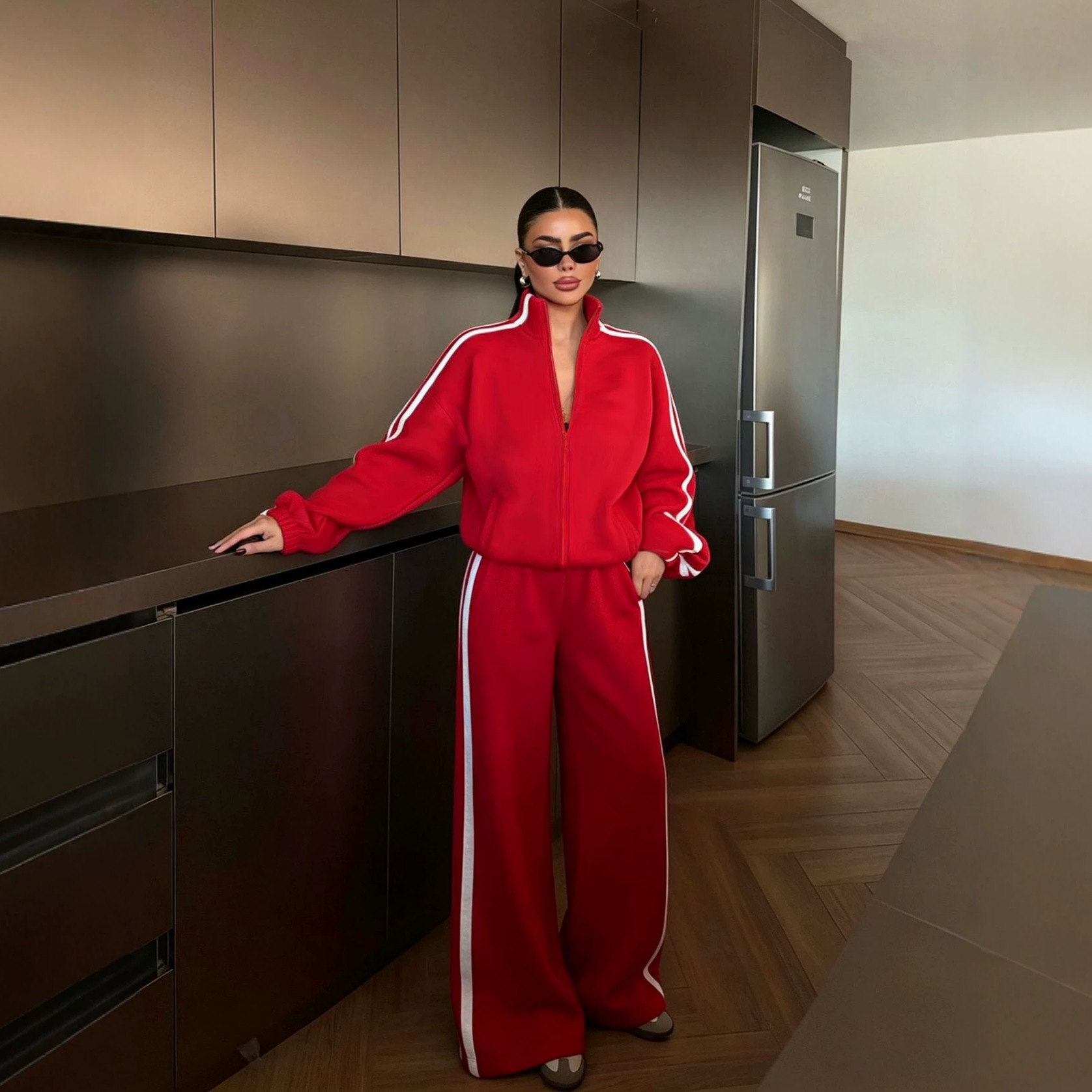 Women's Colorblock Long Sleeve Casual Two-Piece Sweatsuit Cotton Blend