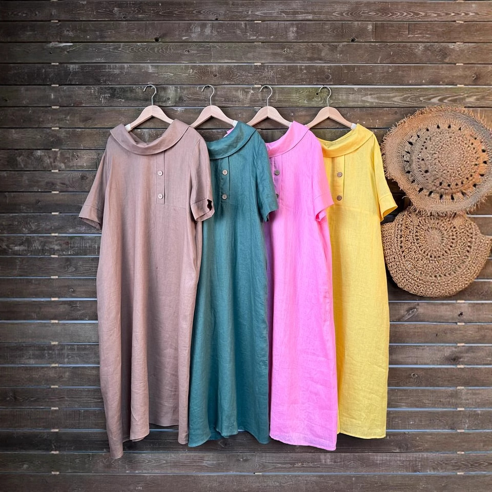 Cotton Linen Dress Women's Casual Loose Cowl Neck Short Sleeve Long Dress
