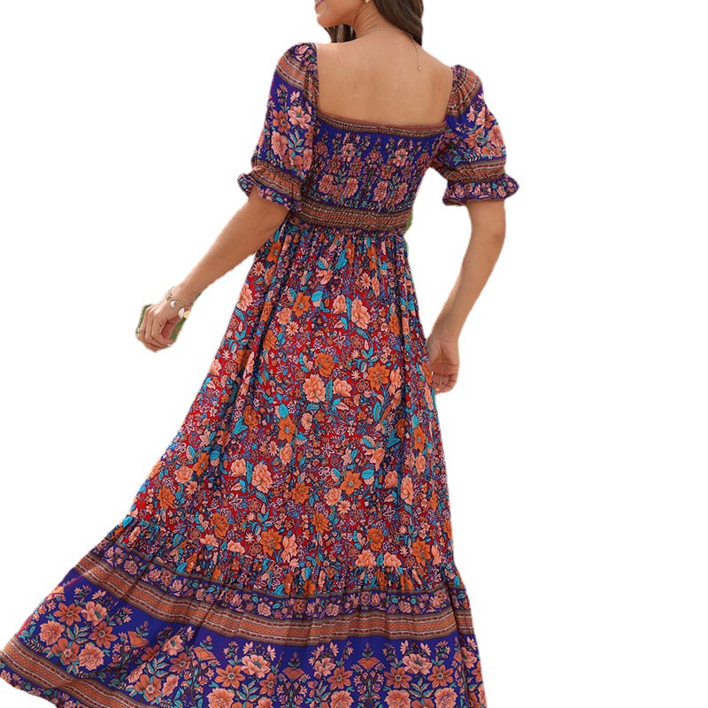 Boho Off-Shoulder Puff Sleeve Maxi Dress
