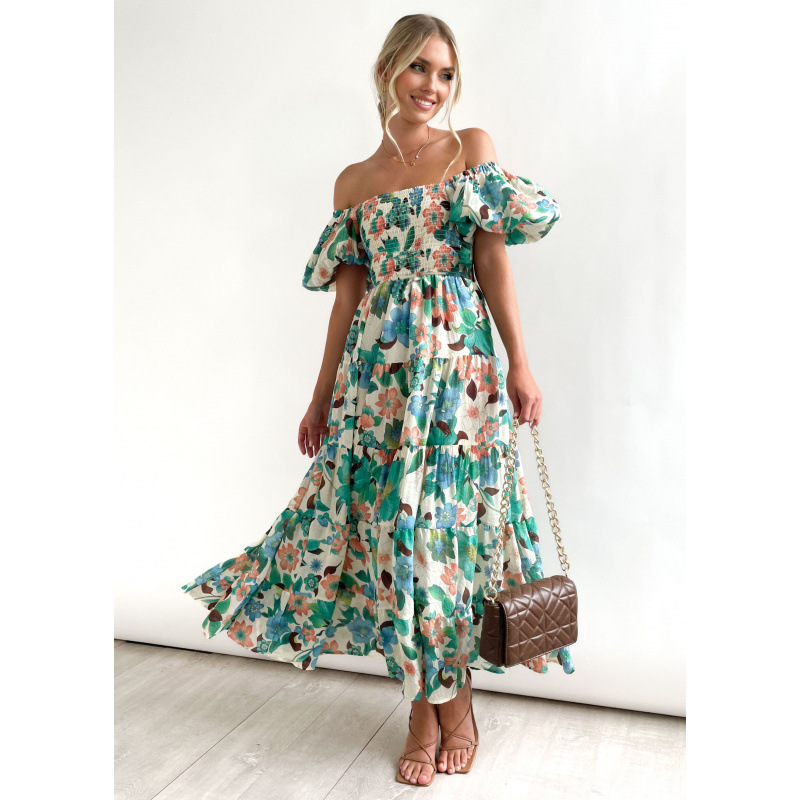 Square Neck Lantern Sleeve High Waist Off-Shoulder Loose Long Dress