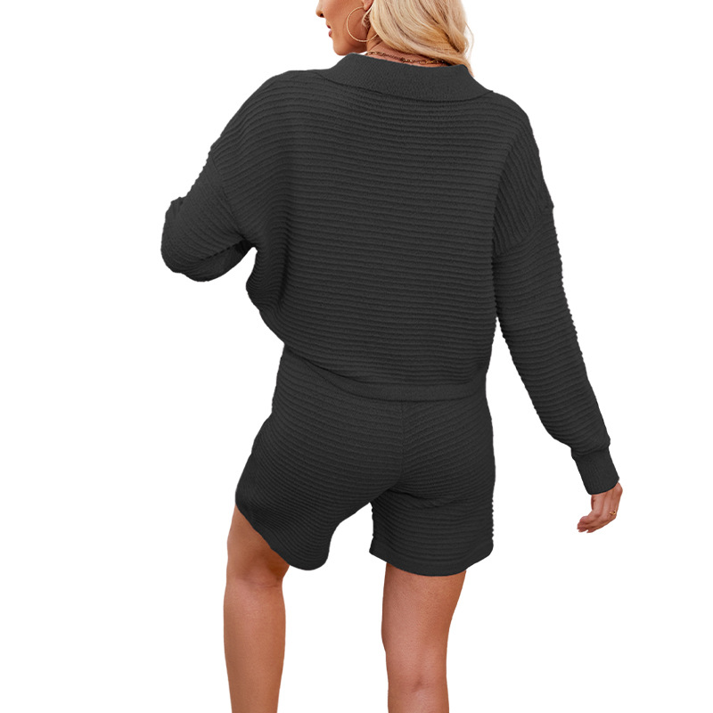 Women's Loose Knit Long-Sleeve Top and Shorts Set