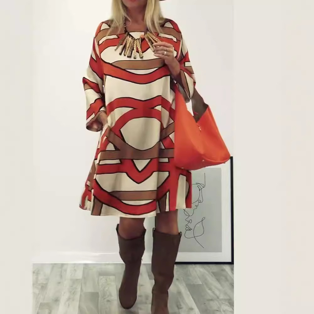Women's Round Neck Long Sleeve Printed Midi Dress