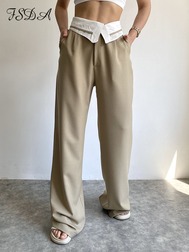 Women's High-Waist Wide-Leg Straight Pants with Fold-Over Waistband