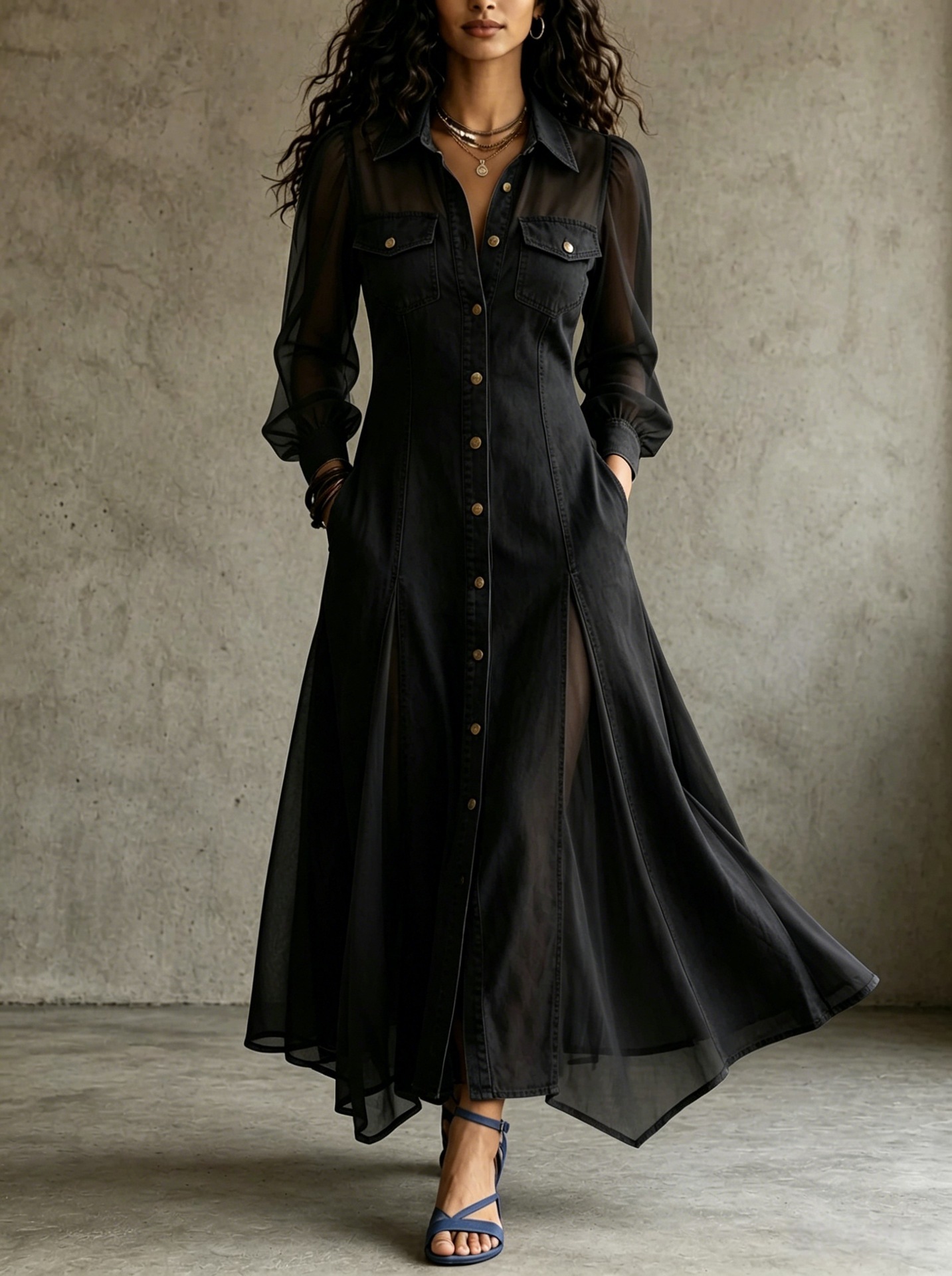 Casual Loose Faux Denim Spliced Chiffon Collared Long Sleeve Dress
