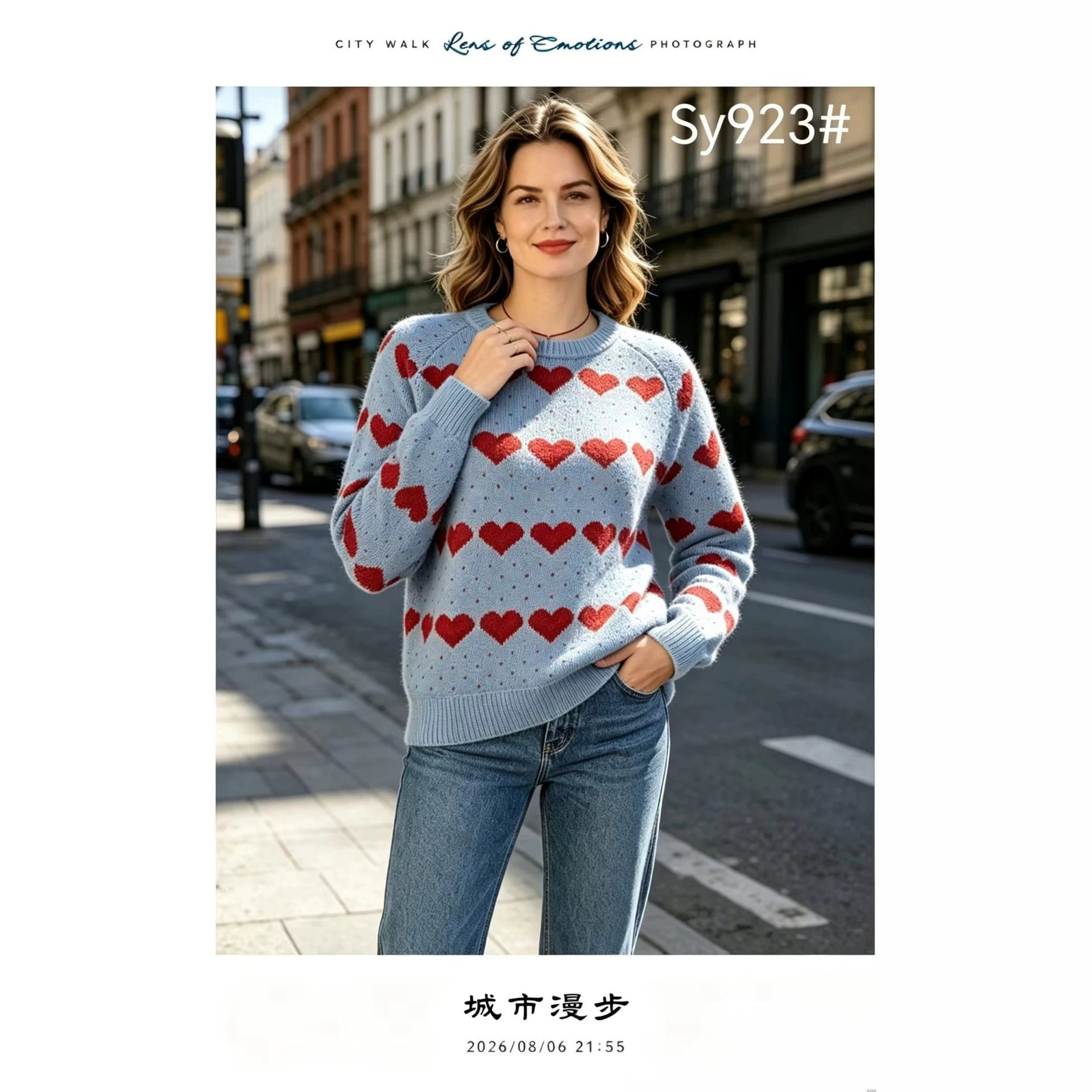 Heart Jacquard Knit Cardigan Wool-Blend V-Neck Loose Casual Sweater