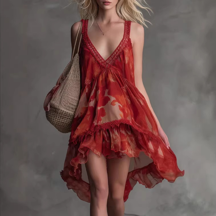 Vintage Lace V-Neck Ruffle Red Print Chiffon Mini Dress