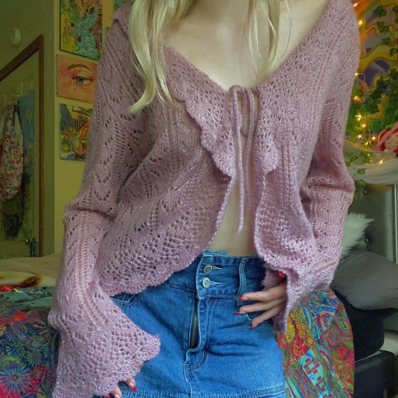 Women's V-Neck Long Sleeve Tie-Front Cardigan Sweater with Openwork Knit