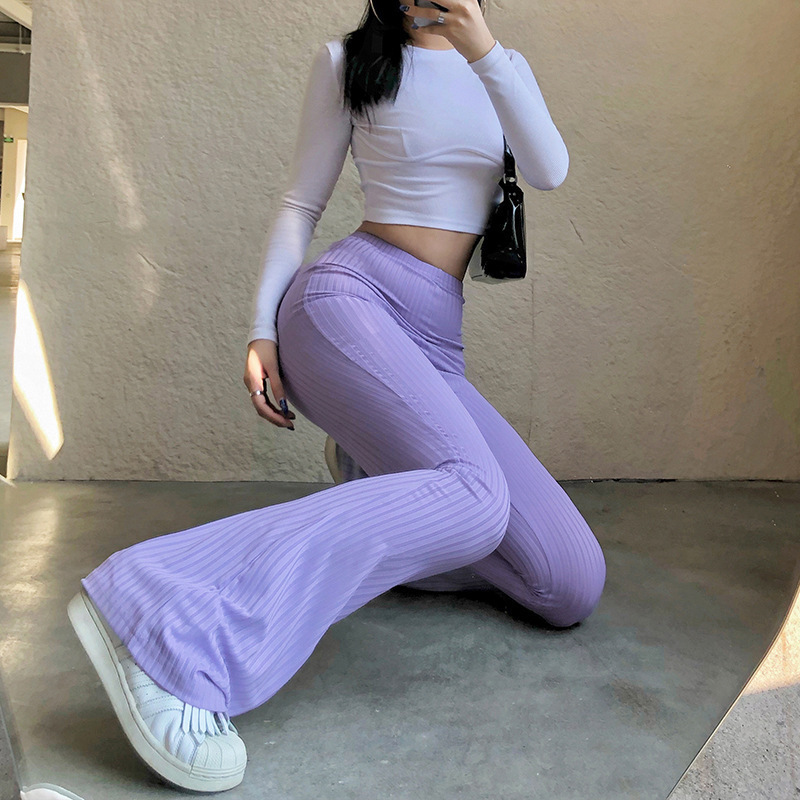 Women's High-Waist Stretch Flare Pants Solid Color Casual Long Trousers
