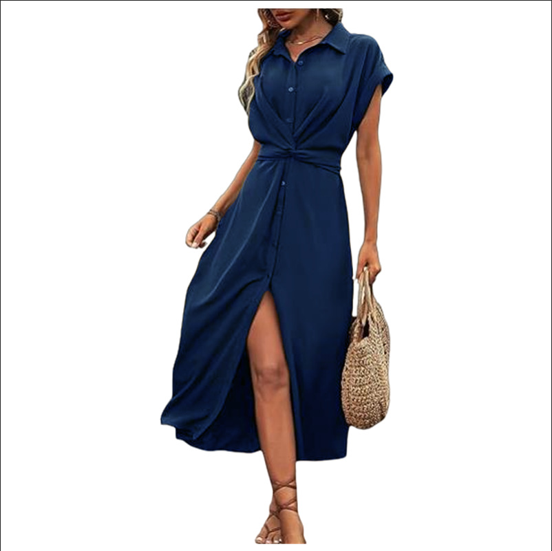 Women's Tie-Waist A-Line Midi Dress Short Sleeve Solid Color