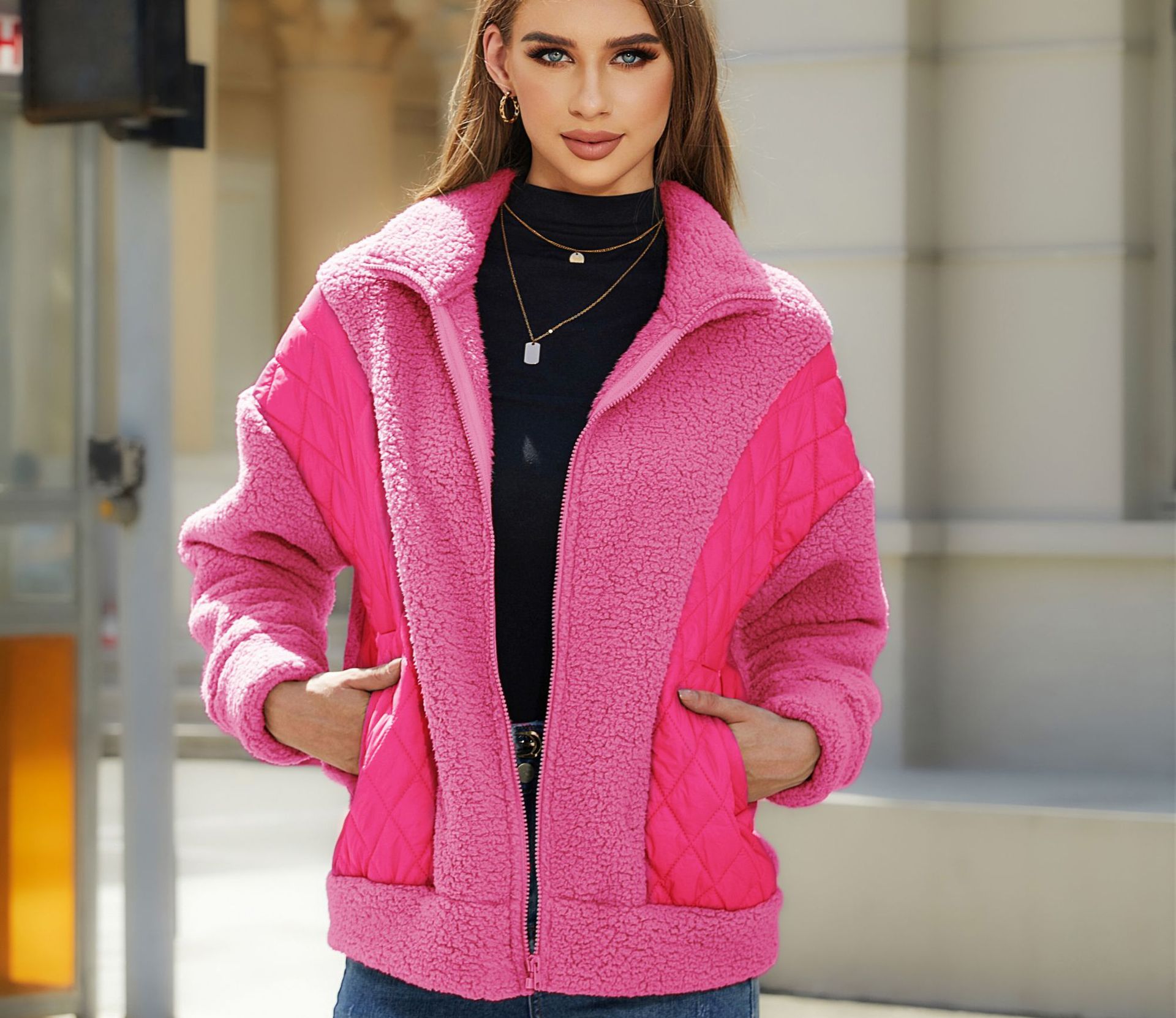 Faux Fur Zip-Up Cardigan Jacket Long Sleeve Stand Collar