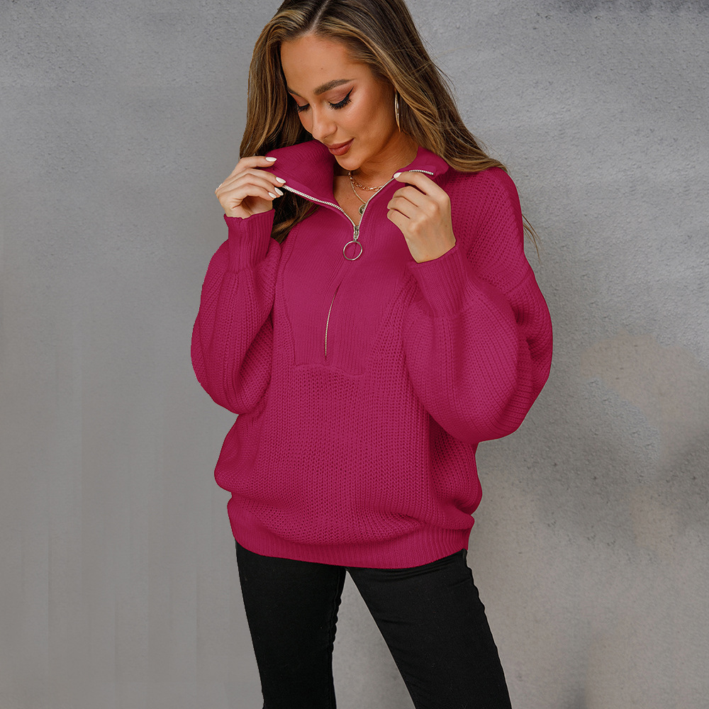 Women's Zip-Up Knit Sweater with Collar, Solid Color, Loose Fit