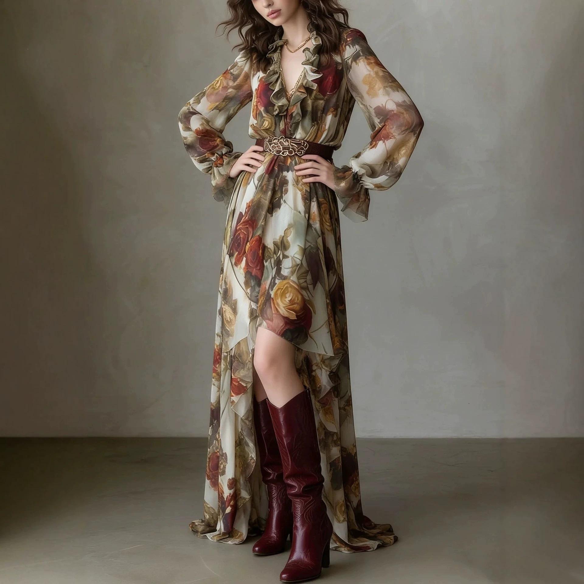 Vintage Rose Print Ruffle V-Neck Long Sleeve Cinched Waist Asymmetric Chiffon Dress